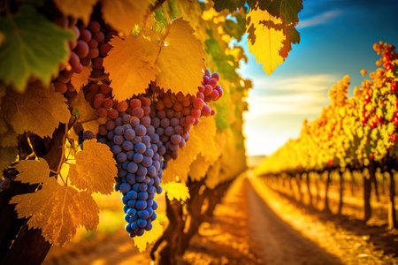 A shot of a vineyard with rows of ripe grapes.の写真素材
