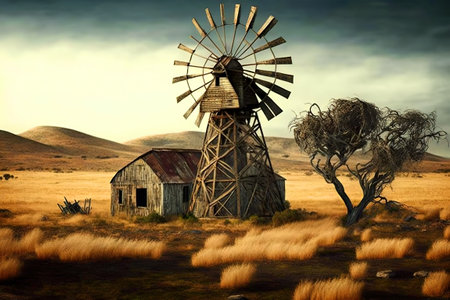 A rustic old windmill in the middle of a field.の写真素材