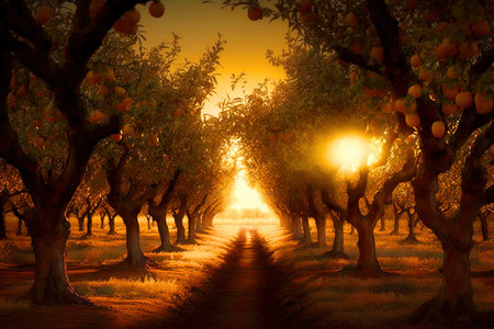 A tree-lined orchard with a setting sun in the background.の写真素材