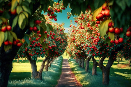 A tree-lined orchard with ripe apples on the branches.の写真素材