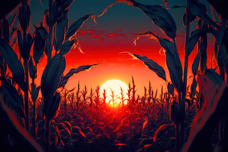 A sunset behind a field of corn stalks.の写真素材