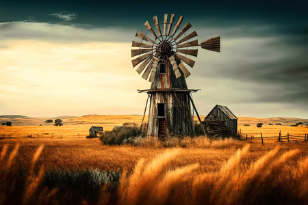 A rustic old windmill in the middle of a field.の写真素材