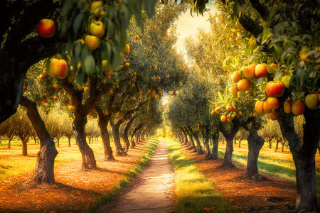 A tree-lined orchard with ripe apples on the branches.の写真素材