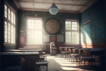 Interior of an old school with tables, chairs and clocks.の写真素材