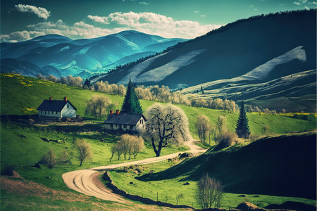 Beautiful spring landscape in the Carpathian mountains. Retro style.の写真素材