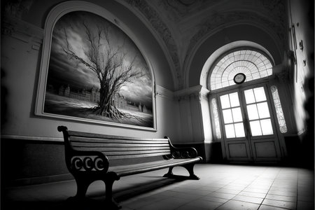 Black and white image of a bench in a room with a large windowの写真素材