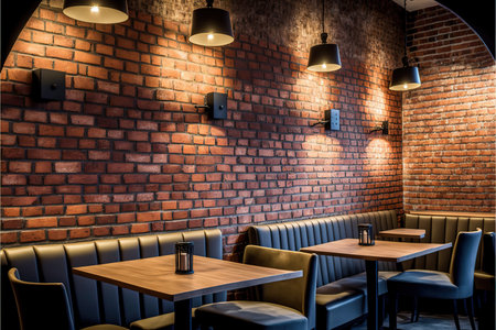 Interior of a modern cafe with brick wall and blue leather chairsの写真素材