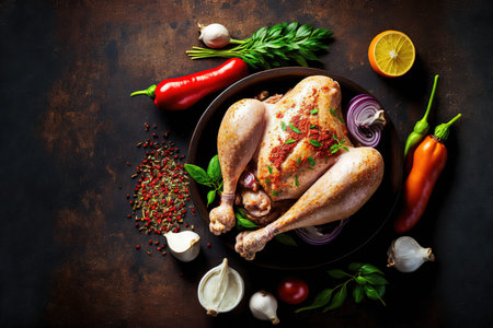 Grilled chicken with spices and vegetables on dark background. Top viewの写真素材