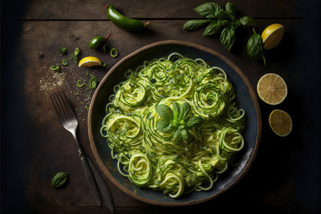 Zucchini spaghetti with pesto sauce and ingredients on rustic backgroundの写真素材