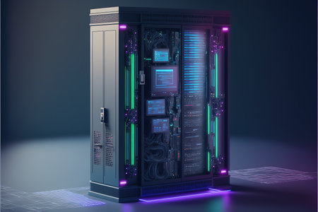 Server room with neon lights, 3d rendering. Computer digital drawing.の写真素材