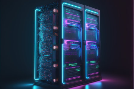 3d rendering server room with glowing neon lights. Data center concept