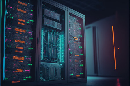 Server room data center. 3d rendering toned image double exposure