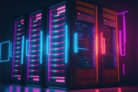 Server room with bright neon lights. 3d rendering toned imageの写真素材