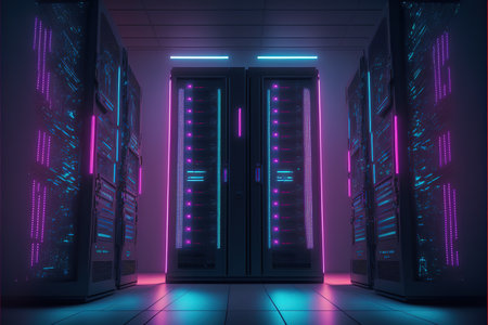Server room data center. 3d rendering toned image double exposure
