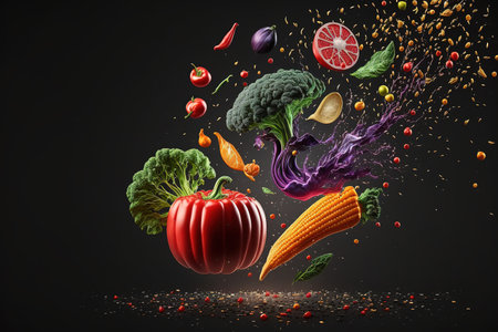 Falling vegetables with flying ingredients on black background. Healthy food conceptの写真素材