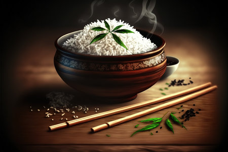 Rice in bowl and chopsticks on wooden background. 3d renderingの写真素材