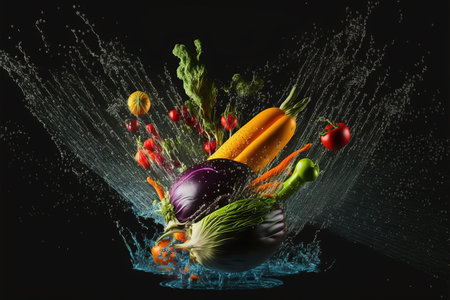 Vegetables in water splash on black background. 3d renderingの写真素材