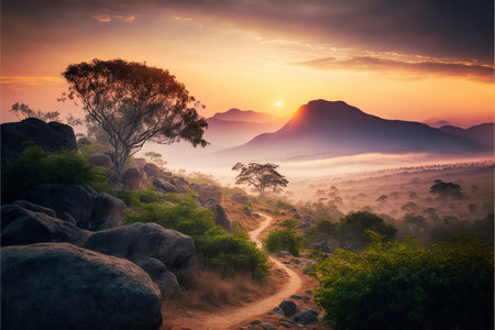 Beautiful sunrise in the mountains with fog and trees. Landscape