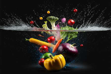 Fresh vegetables falling into water with splash on black background. Mixed mediaの写真素材