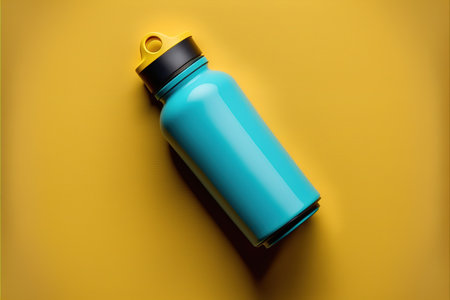 Blue sport bottle on yellow background. Flat lay, top view.の写真素材