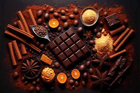Chocolate, cocoa powder, spices and fruits on a black backgroundの写真素材