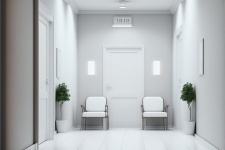 Interior of modern clinic waiting room with white walls, white floor, long white chairs and window with daylight. 3d renderingの写真素材