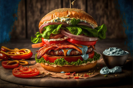 Big hamburger with bacon, cheese and vegetables on wooden background.の写真素材