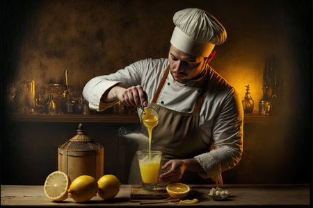 Portrait of a male chef pouring lemon juice in a glass.の写真素材