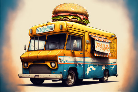 Burger on a bus. 3D illustration. Vintage style.の写真素材