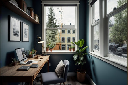 Interior of a modern office with blue walls, wooden floor, computer desk and plants. 3d render