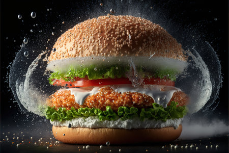 Burger with splashes of water on a black background. Close-up.の写真素材