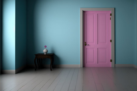 3d rendering of a room with a wooden chair and a doorの写真素材