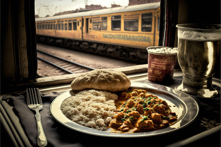 Curry chicken with rice and beer on the background of the train
