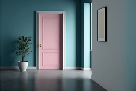 Interior of modern empty room with blue walls, concrete floor and pink door. 3d renderingの写真素材