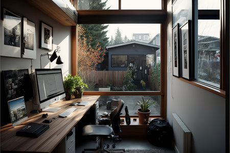 Interior of a modern office with wooden walls, a concrete floor and a panoramic window.の写真素材