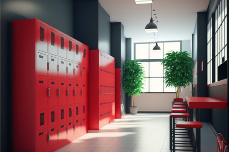 Red lockers in a modern gym. 3d rendering mock upの写真素材
