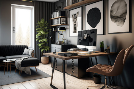 Interior of modern living room with black walls, wooden floor, comfortable brown sofa and computer on the table. 3d renderingの写真素材