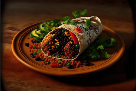 Mexican burrito with meat, beans and vegetables on wooden backgroundの写真素材