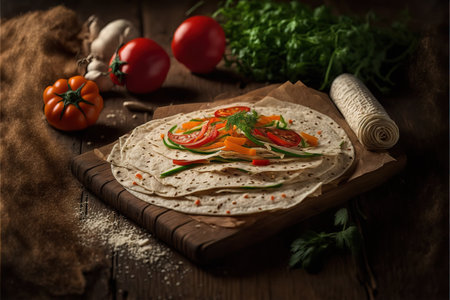 Mexican quesadilla with vegetables and herbs on wooden backgroundの写真素材