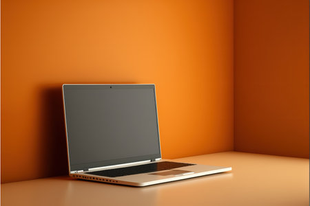 Laptop computer with blank screen on orange wall. 3d renderの写真素材