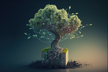 Conceptual image with green tree growing out of book. 3d renderingの写真素材