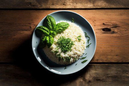 Rice with herbs in a blue plate on a wooden background.の写真素材