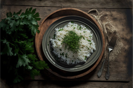 Cooked rice with parsley in a plate on a wooden backgroundの写真素材