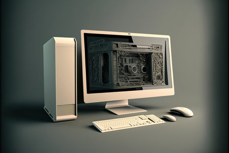 Computer monitor and mouse on a gray background. 3D rendering.の写真素材