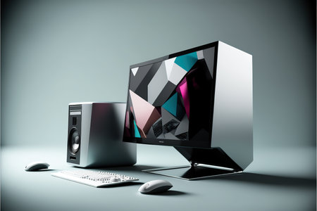 Desktop computer with keyboard, mouse and keyboard on grey background. 3D rendering