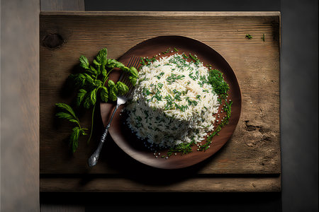 Rice with herbs on a brown plate on a dark wooden backgroundの写真素材