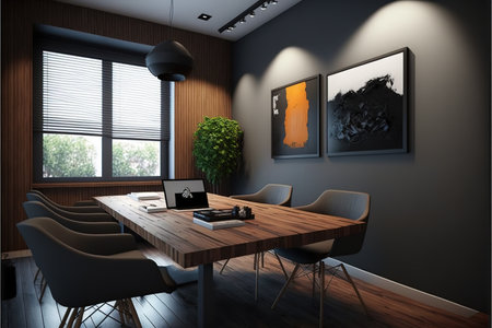 Interior of modern office with black walls, wooden floor and long wooden table with chairs. 3d...