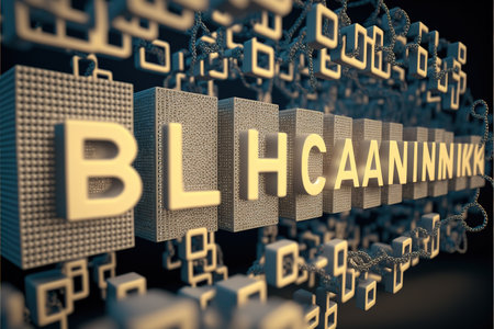 Blockchain text on 3d blocks with binary code. Cryptocurrency concept.