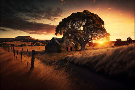 Beautiful sunset in the countryside. Rural landscape. 3d renderの写真素材