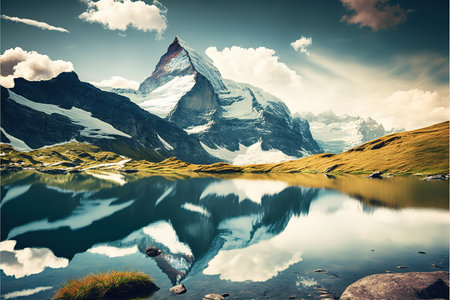Matterhorn and lake in the swiss alps, Switzerlandの写真素材